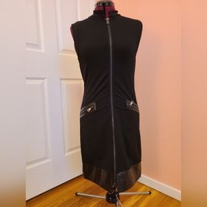 Black Dress with Faux Black Leather Trim and Zip Up Front